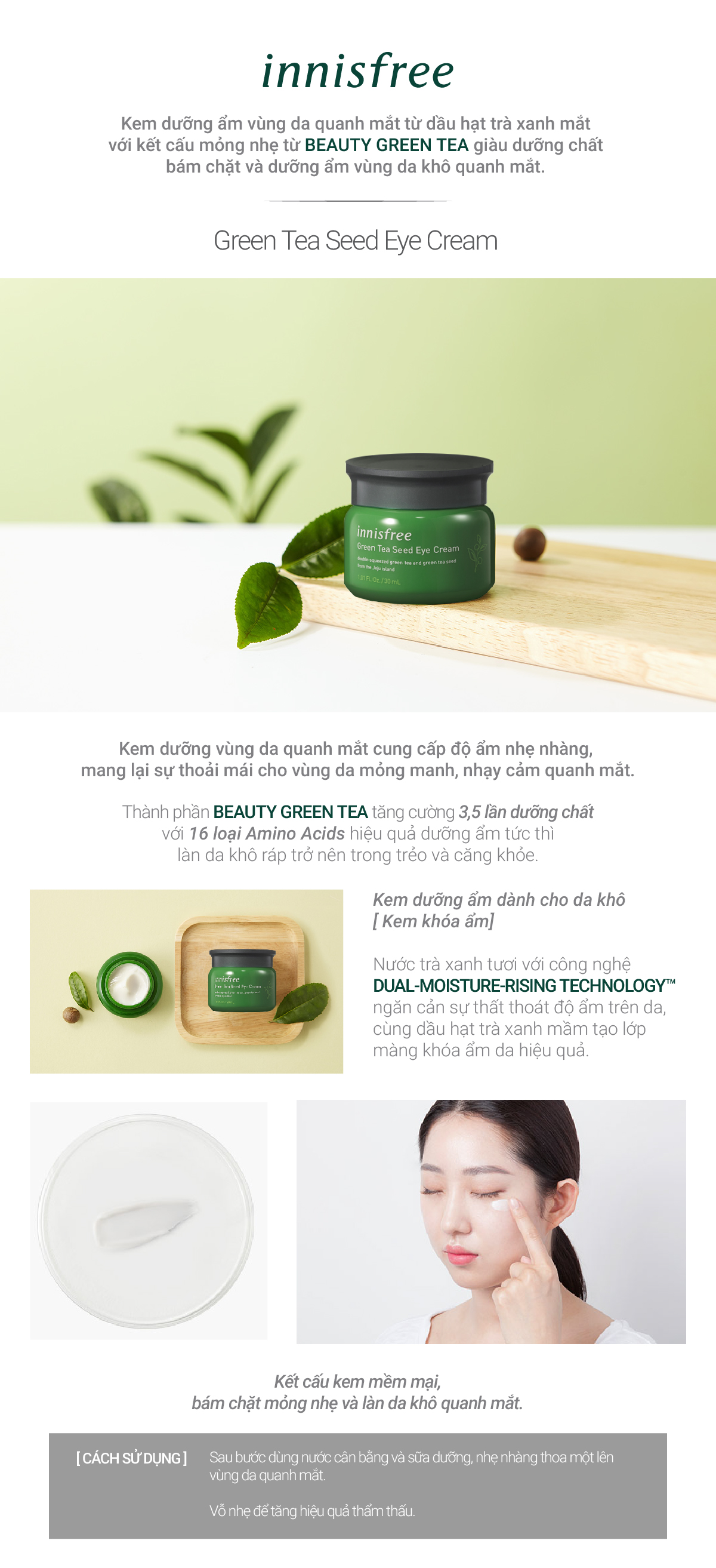 Kem dưỡng ẩm vùng da quanh mắt innisfree Green Tea Seed Eye Cream 30 mL