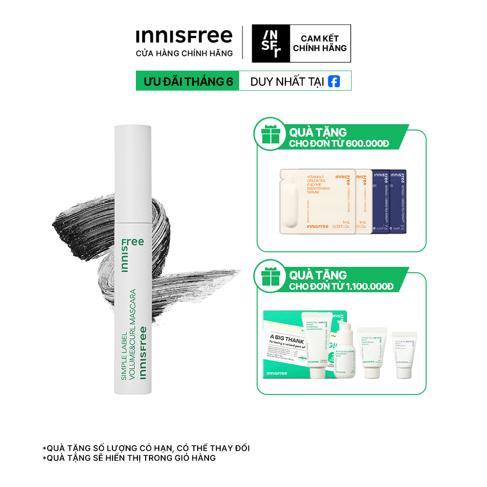 Mascara thuần chay, làm dài và cong mi innisfree Simple Label Volume & Curl Mascara 7.5 g
