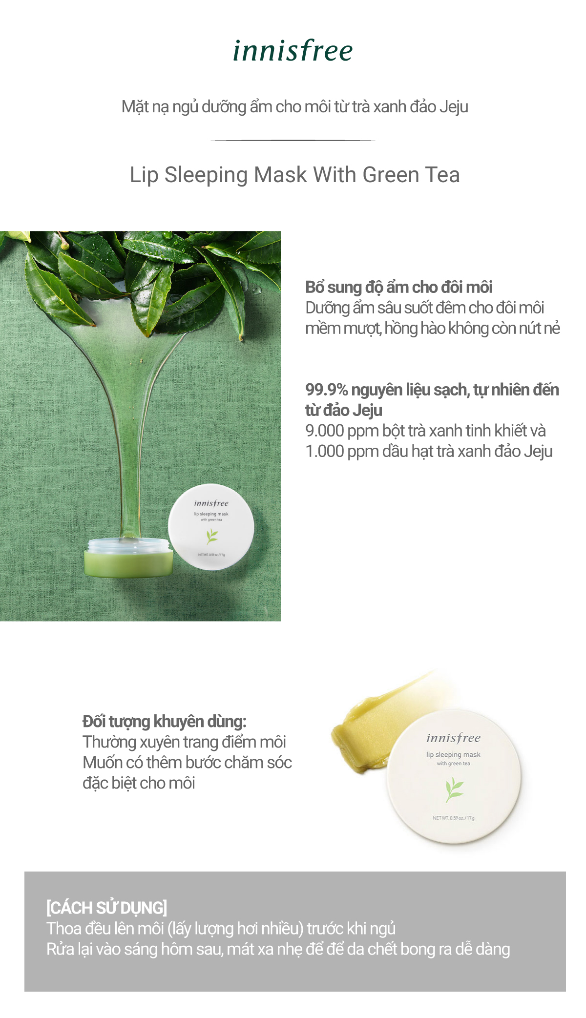 Mặt nạ ngủ dưỡng ẩm trà xanh cho môi innisfree Lip Sleeping Mask With