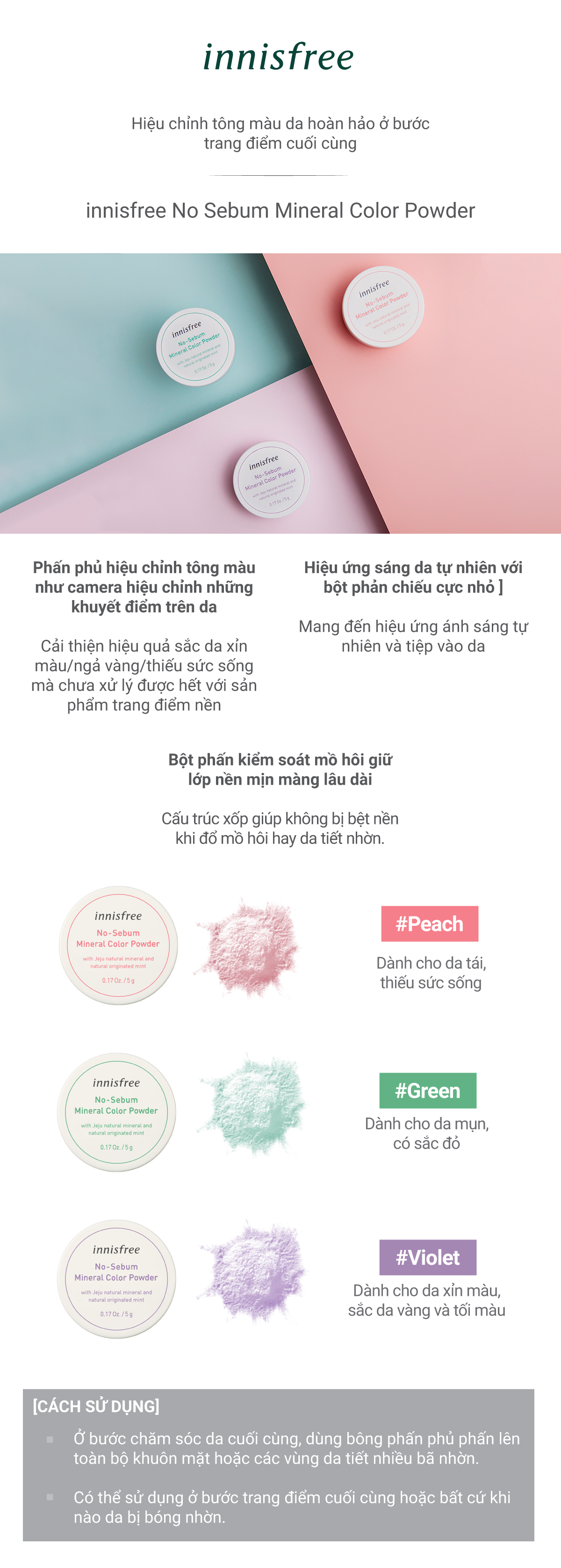 Phấn phủ bột kiềm dầu hiệu chỉnh tông da innisfree No Sebum Mineral Color Powder 5g