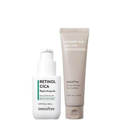 Set mặt nạ đất sét làm dịu lỗ chân lông và tinh chất phục hồi làm dịu da mụn innisfree Volcanic Calming Mask & Retinol Cica Ampoule