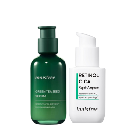 Bộ đôi tinh chất cấp ẩm và chăm sóc da mụn innisfree Green Tea (Mini) & Retinol Cica Ampoule Duo Set