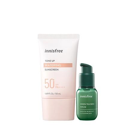 Set kem chống nắng dưỡng ẩm nâng tông và tinh chất trà xanh minisize innisfree Tone Up Watering Sunscreen & Green Tea Seed Serum Combo