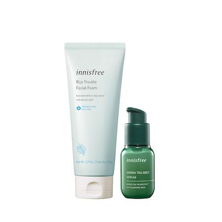 Bộ sữa rửa mặt làm dịu da mụn và tinh chất dưỡng ẩm trà xanh innisfree Bija Trouble Facial Foam & Green Tea Seed Serum Duo Set