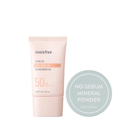 Set kem chống nắng nâng tông kiềm dầu và và phấn phủ bột kiềm dầu innisfree Tone Up No Sebum Sunscreen & No Sebum Mineral Powder Combo