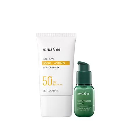 Set kem chống nắng chống nước lâu trôi và tinh chất trà xanh minisize innisfree Intensive Long-lasting Sunscreen & Green Tea Seed Serum Combo