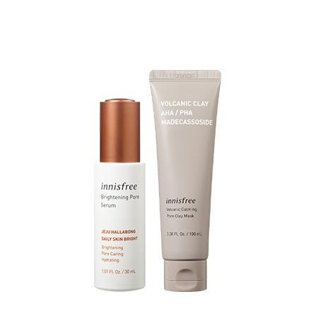 Set mặt nạ đất sét làm dịu lỗ chân lông và tinh chất dưỡng sáng chăm sóc lỗ chân lông innisfree Volcanic Calming Mask & Brightening Pore Serum
