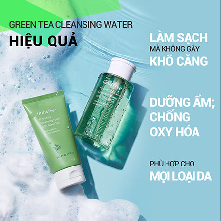 Bộ đôi nước tẩy trang và sữa rửa mặt làm sạch dịu nhẹ trà xanh innisfree Green Tea Cleansing Water & Hydrating Amino Acid Cleansing Foam Duo Set