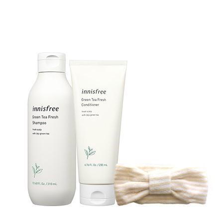Bộ sản phẩm hạn chế bết tóc trà xanh innisfree Green Tea Fresh Shampoo & Green Tea Fresh Conditioner & Ribbon Hair Band