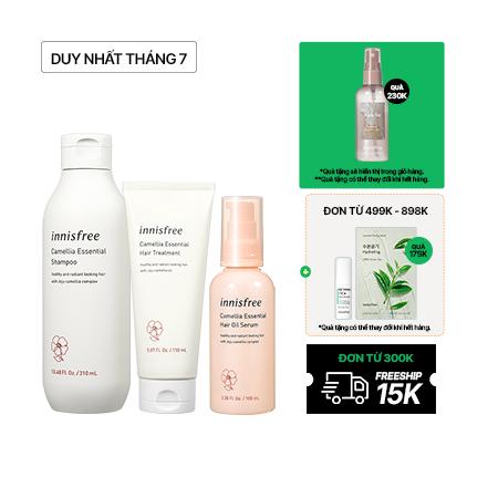 Bộ sản phẩm dưỡng tóc suôn mượt hoa trà innisfree Camellia Essential Shampoo & Camellia Essential Hair Treatment & Ribbon Hair Band