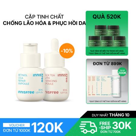 Set tinh chất phục hồi làm dịu da mụn và kem dưỡng cân bằng độ ẩm cho da innisfree Retinol Cica Ampoule & Green Tea Balancing Cream
