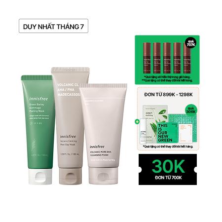 Set làm sạch tẩy tế bào chết loại bỏ bã nhờn innisfree Volcanic Pore BHA Cleansing Foam & Green Barley Gommage Mask & Super Volcanic Pore Clay Mask 2X Combo