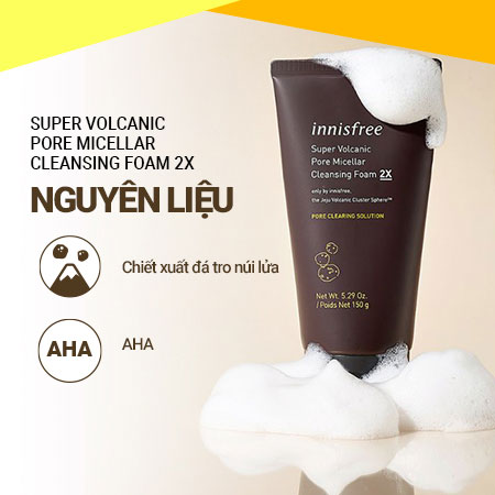 Sữa rửa mặt sạch sâu lỗ chân lông đá tro núi lửa innisfree Super Volcanic Pore Micellar Cleansing Foam 2X 150 mL