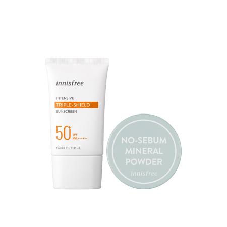 Set kem chống nắng lâu trôi và phấn phủ bột kiềm dầu innisfree Triple-shield Sunscreen & No Sebum Mineral Powder Combo