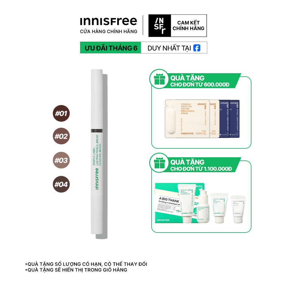 Chì kẻ lông mày lâu trôi innisfree Simple Label Lasting Pencil Brow 0.15 g HSD T8-2025