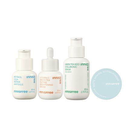 (ĐỘC QUYỀN) Set tinh chất dưỡng sáng và dưỡng ẩm kết hợp phục hồi da và kiềm dầu INNISFREE Vitamin C Green Tea & Green Tea Seed Hyaluronic Serum & No Sebum Mineral Powder & Retinol Cica Ampoule Combo
