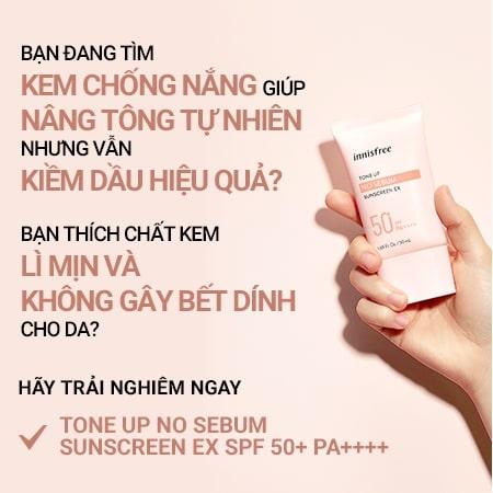 Kem chống nắng nâng tông kiềm dầu innisfree Tone Up No Sebum Sunscreen EX SPF 50+ PA++++ 50 mL