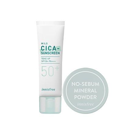 Set kem chống nắng nâng tông làm dịu da mẩn đỏ và phấn phủ bột kiềm dầu innisfree Mild Cica Sunscreen 50 mL & No Sebum Mineral Powder Combo