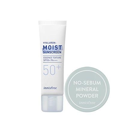 Set kem chống nắng dưỡng ẩm cải thiện nếp nhăn và phấn phủ bột kiềm dầu innisfree Hyaluron Moist Sunscreen & No Sebum Mineral Powder Combo