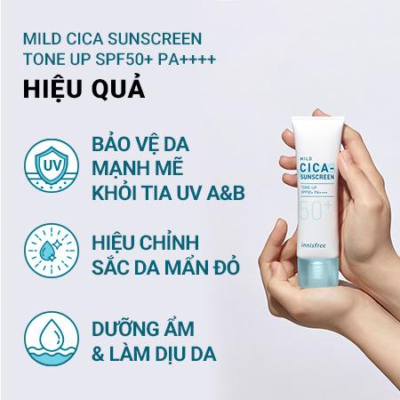Kem chống nắng nâng tông làm dịu da mẩn đỏ innisfree Mild Cica Suncreen Tone Up SPF 50+ PA++++ 35 mL
