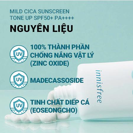 Kem chống nắng nâng tông làm dịu da mẩn đỏ innisfree Mild Cica Suncreen Tone Up SPF 50+ PA++++ 35 mL