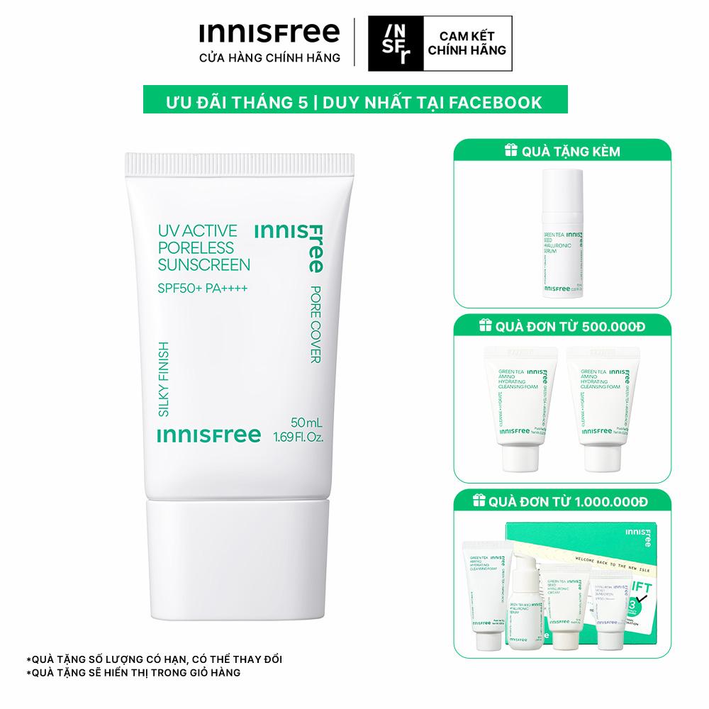 Kem chống nắng kiêm kem lót làm mịn lỗ chân lông innisfree UV Active Poreless Sunscreen SPF50+ PA++++ 50mL