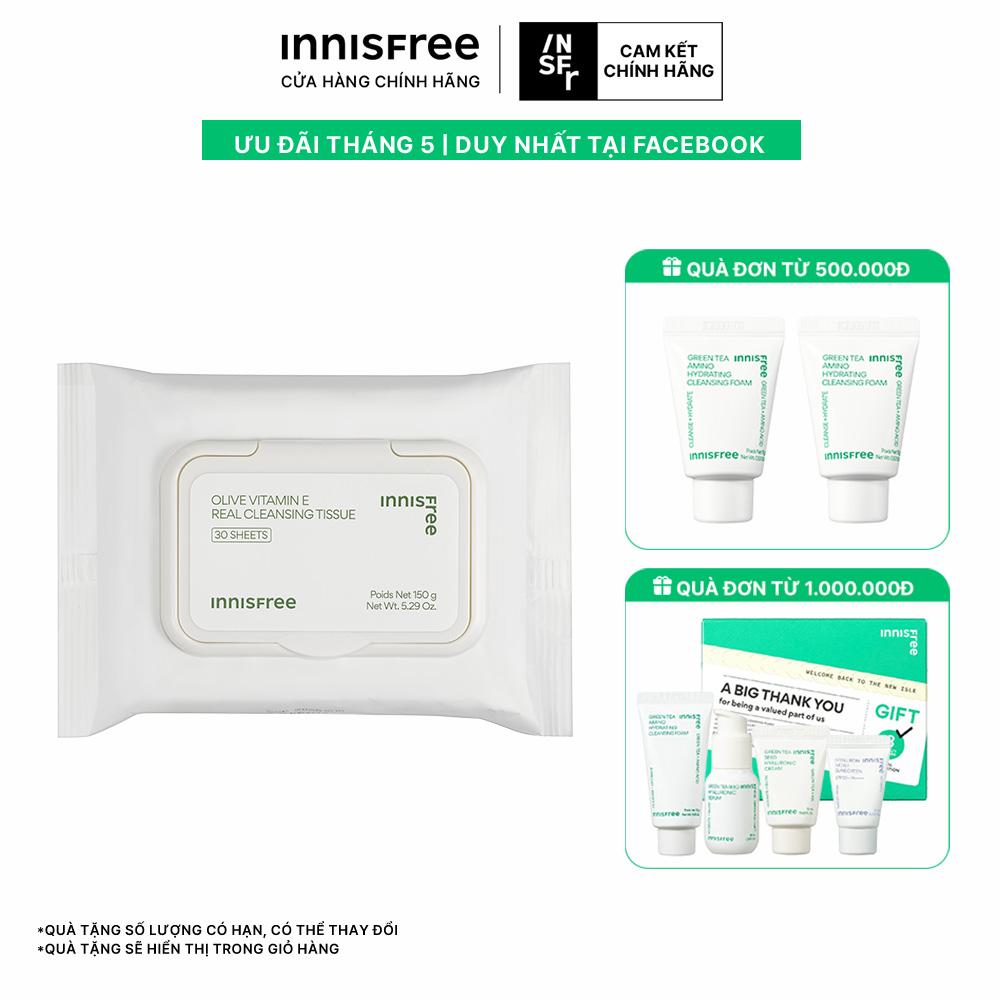 Khăn tẩy trang tiện lợi INNISFREE Olive Vitamin E Real Cleansing Tissue 30 miếng