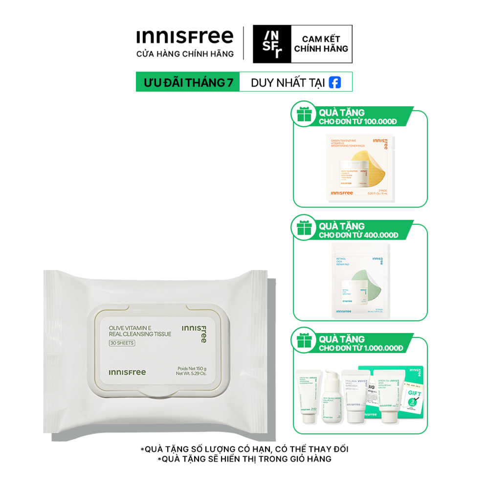 Khăn tẩy trang tiện lợi INNISFREE Olive Vitamin E Real Cleansing Tissue 30 miếng