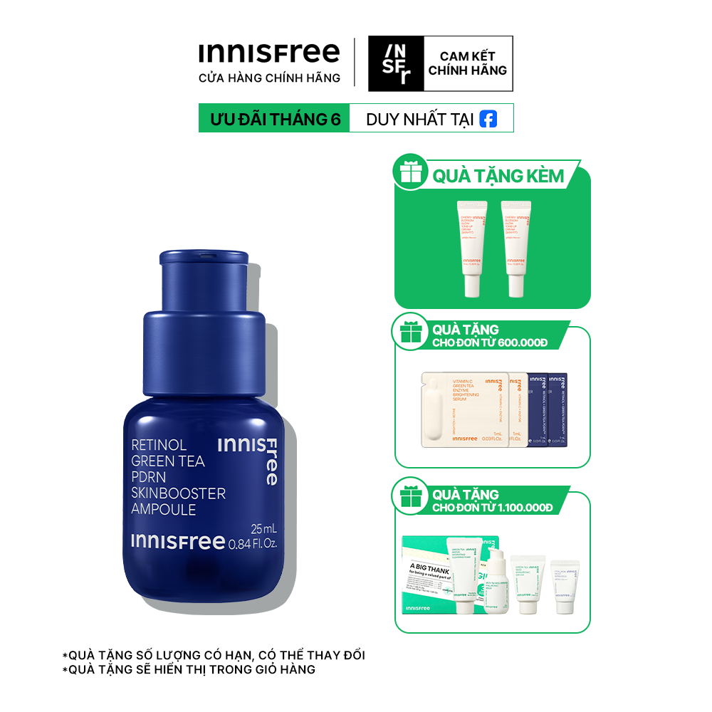 Serum PDRN tế bào gốc trà xanh cho da căng bóng, đàn hồi INNISFREE Retinol Green Tea PDRN Ampoule 25 mL