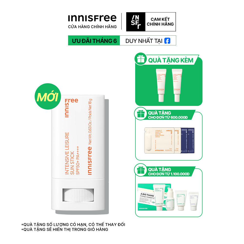 Kem chống nắng lâu trôi dạng thỏi INNISFREE INTENSIVE LEISURE SUN STICK SPF50+ PA++++ 18g