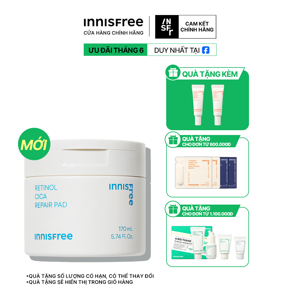 Toner Pad tinh chất Retinol Cica kiểm soát dầu mụn cho da láng mịn 60 miếng INNISFREE RETINOL CICA PAD 170mL