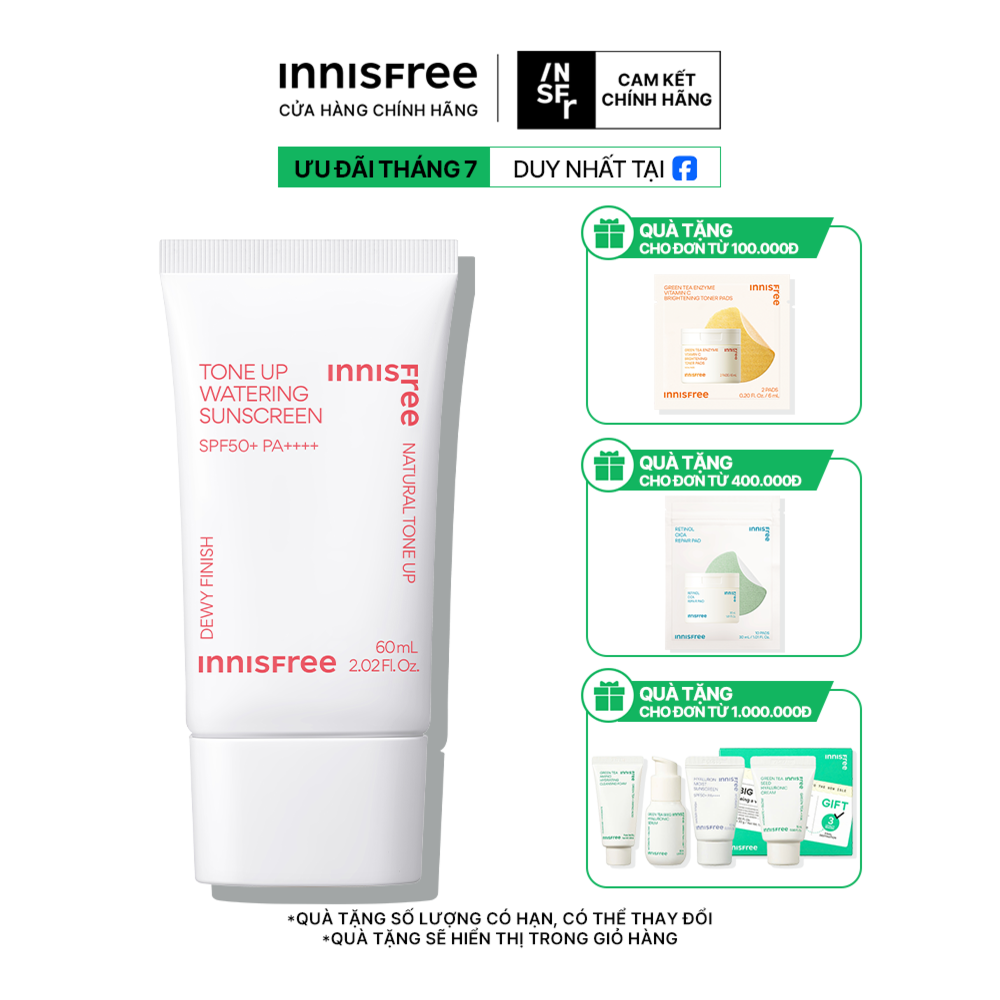 Kem chống nắng nâng tông mỏng nhẹ, giúp da căng mướt INNISFREE Tone Up Watering Sunscreen 60mL