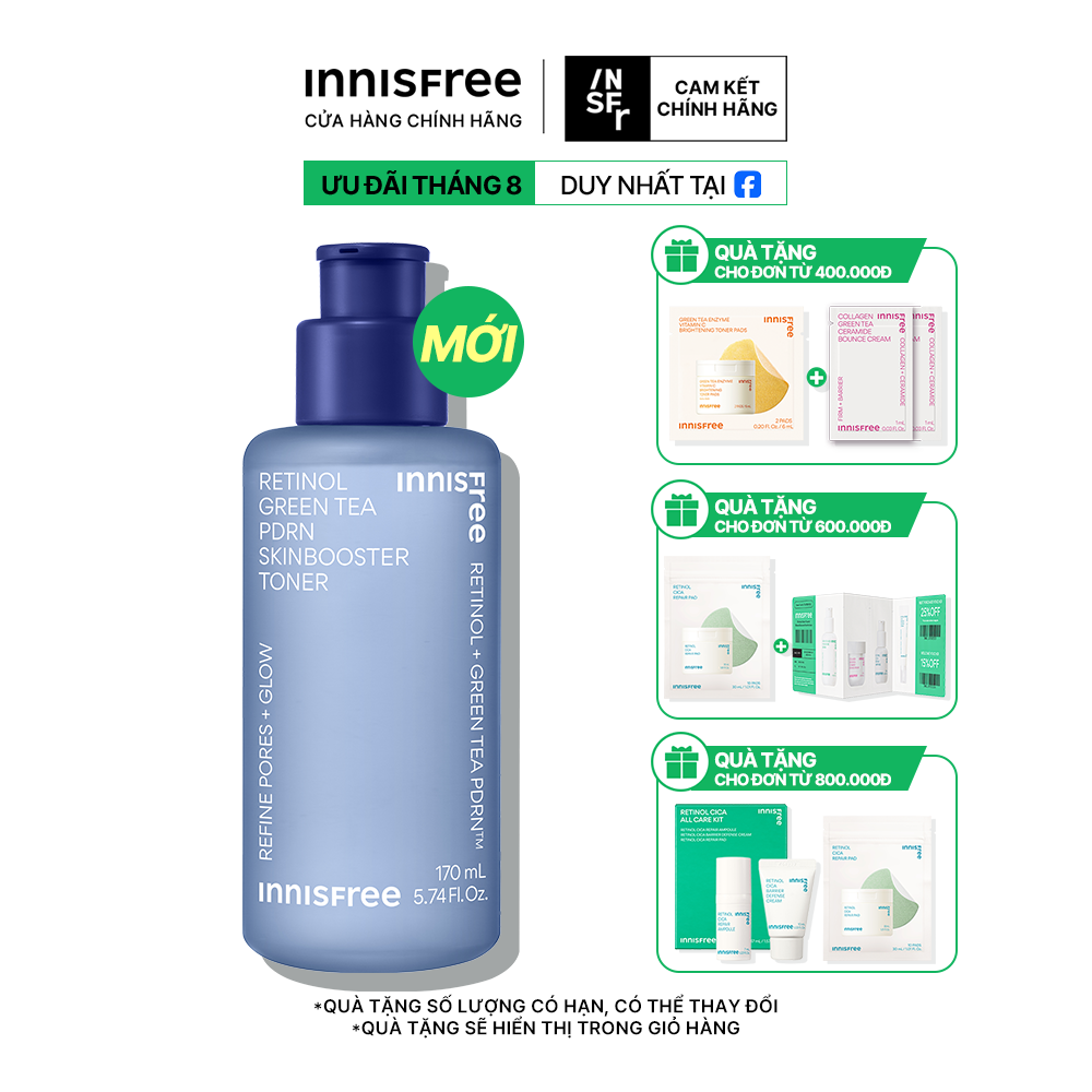 Nước cân bằng PDRN tế bào gốc trà xanh cho da căng bóng, đàn hồi INNISFREE Retinol Green Tea PDRN SkinBooster Toner 170mL