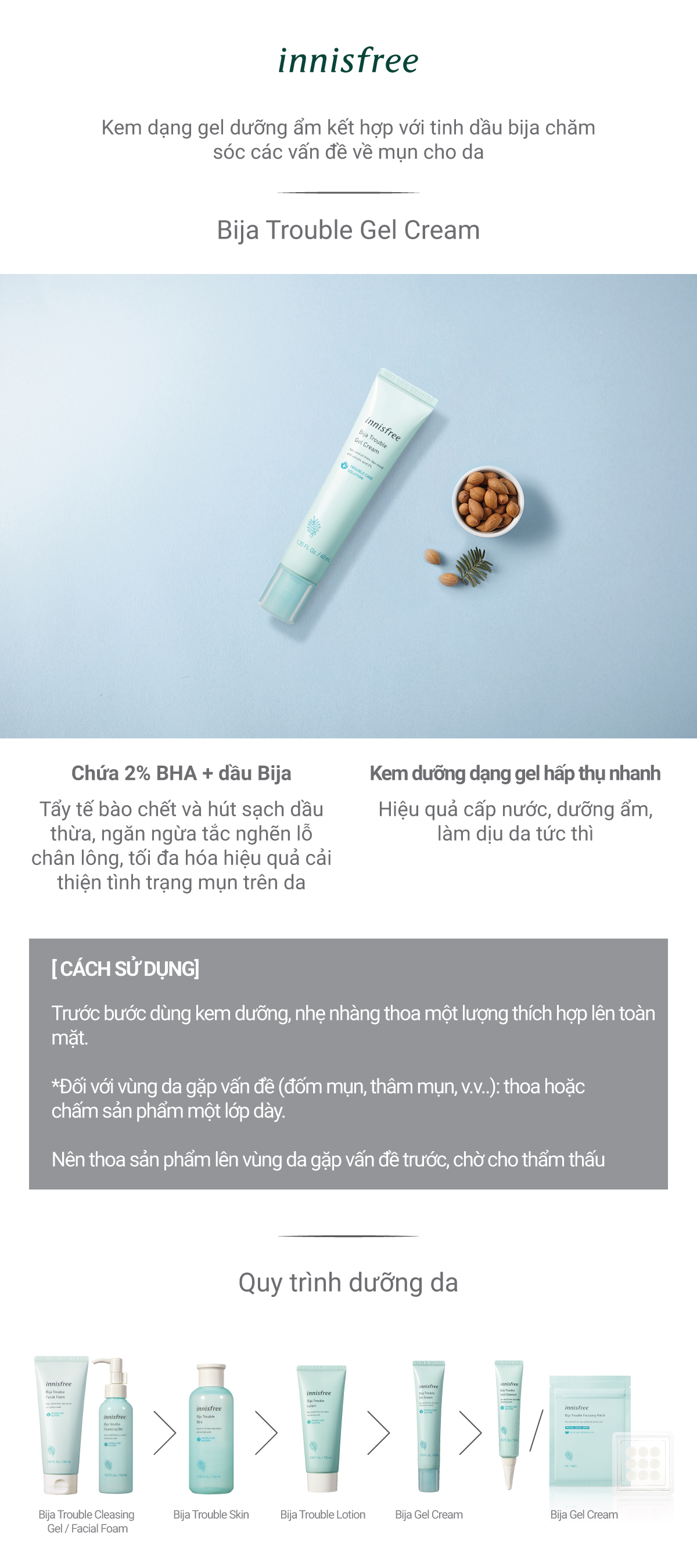 Gel dưỡng dành cho da mụn innisfree Bija Trouble Gel Cream 40 mL